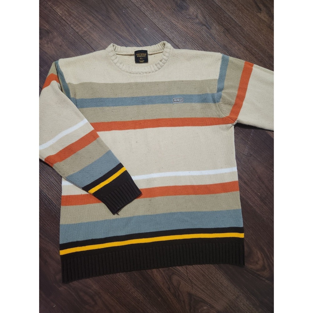 VTG Southpole‎ Sweater Mens XL Cream Brown Striped Crewneck Knit Pullover Y2K